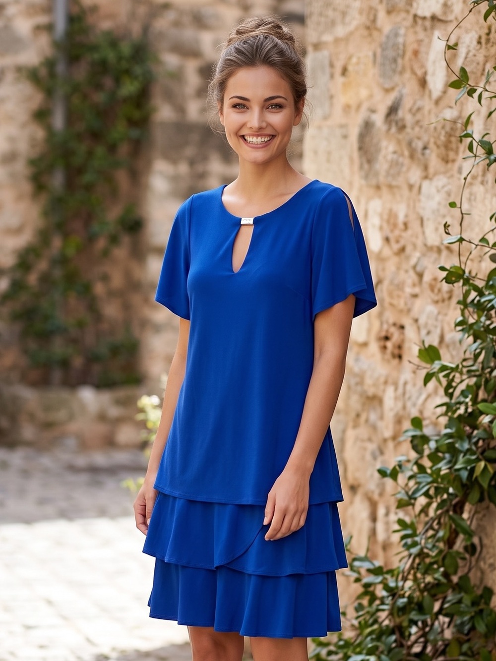 🌻NEW w/tag Marina Royal Blue Chiffon Tiered Dress Flutter Sleeve Formal Size S